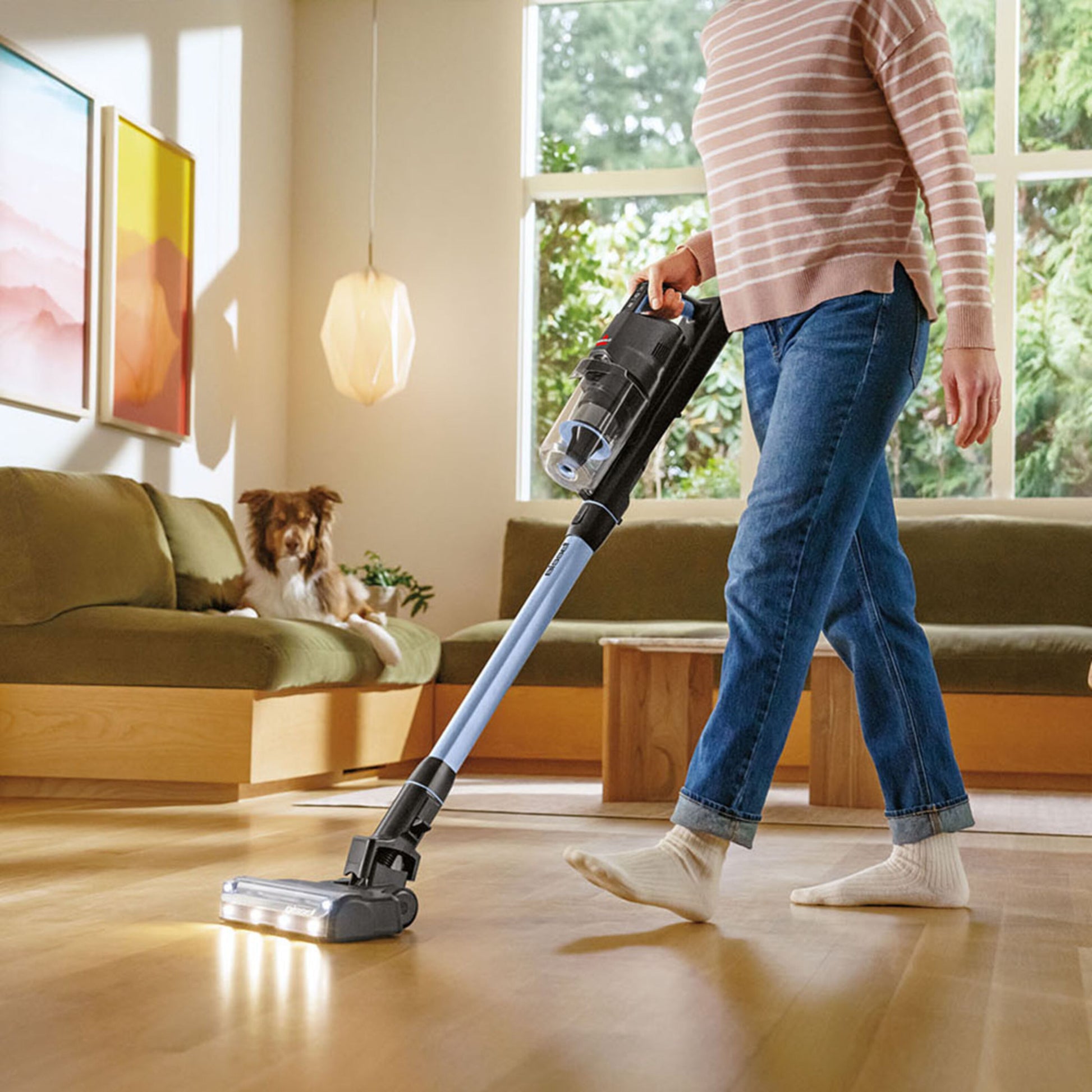 Bissel PowerClean FurFinder Select skaftstøvsuger fjerner dyrehår fra gulv, grøn sofa med hund, lyse vinduer i baggrunden.