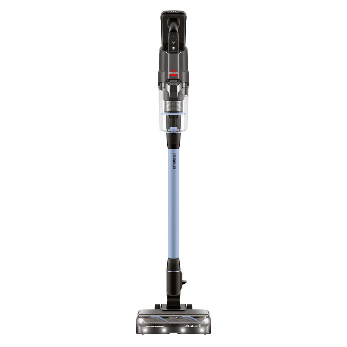 Bissel PowerClean FurFinder Select skaftstøvsuger med sølv finish, gennemsigtig støvbeholder og lyseblåt rør.