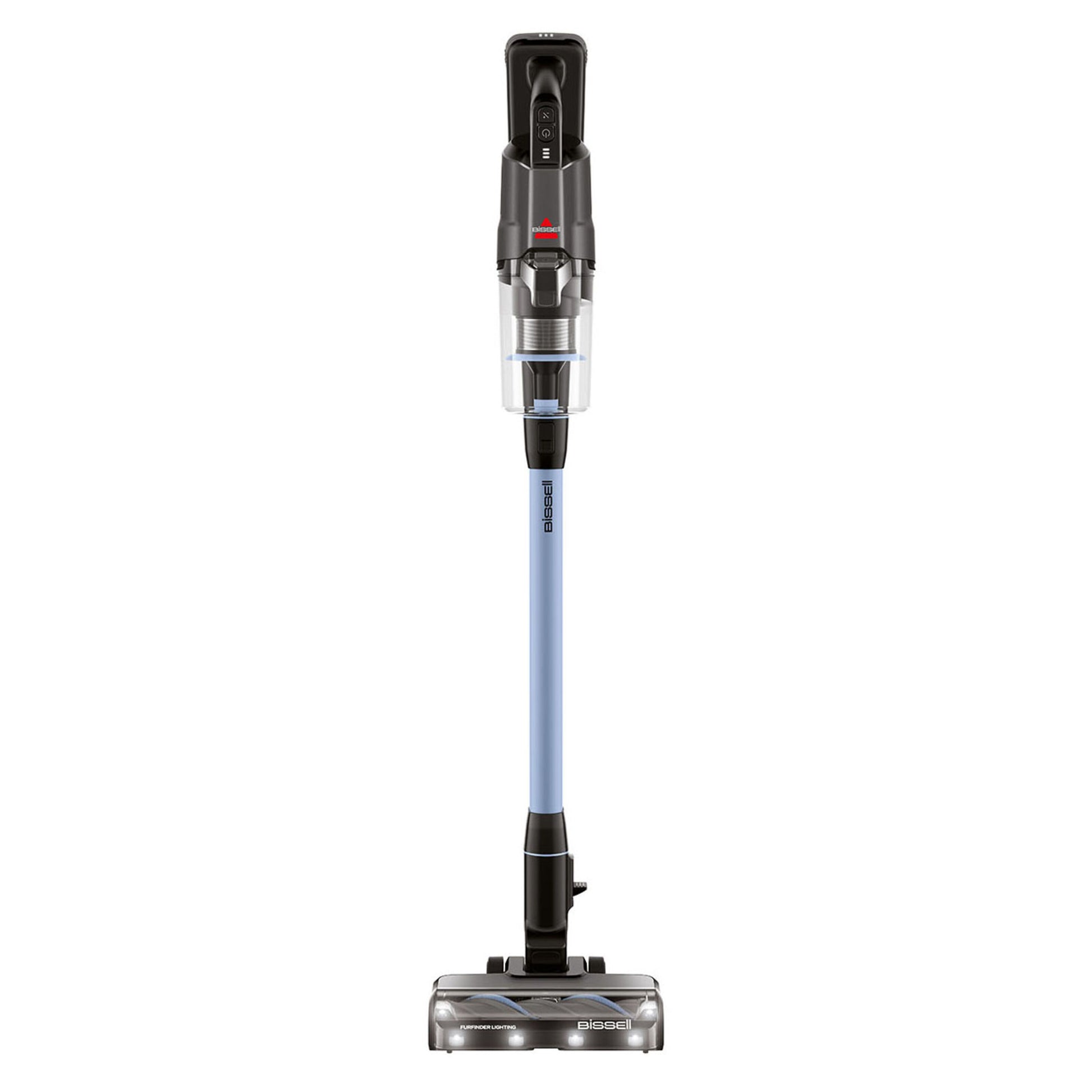 Bissel PowerClean FurFinder Select skaftstøvsuger med sølv finish, gennemsigtig støvbeholder og lyseblåt rør.