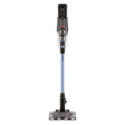 Bissel PowerClean FurFinder Select skaftstøvsuger med sølv finish, gennemsigtig støvbeholder og lyseblåt rør.