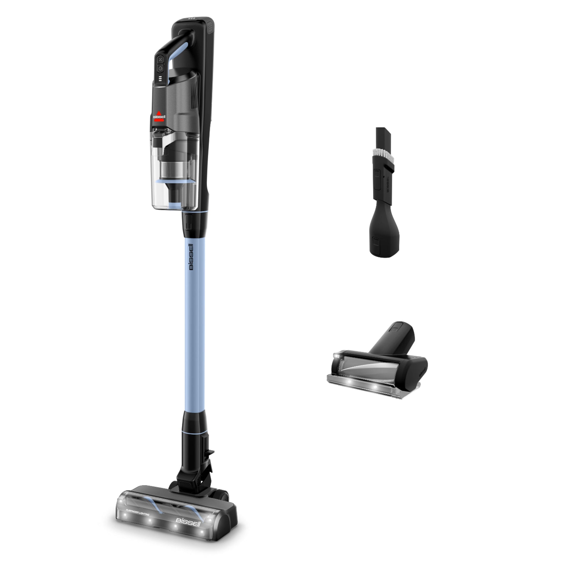 Bissel PowerClean FurFinder Select skaftstøvsuger, klar støvbeholder, blå stav, til aftagelige mundstykker.