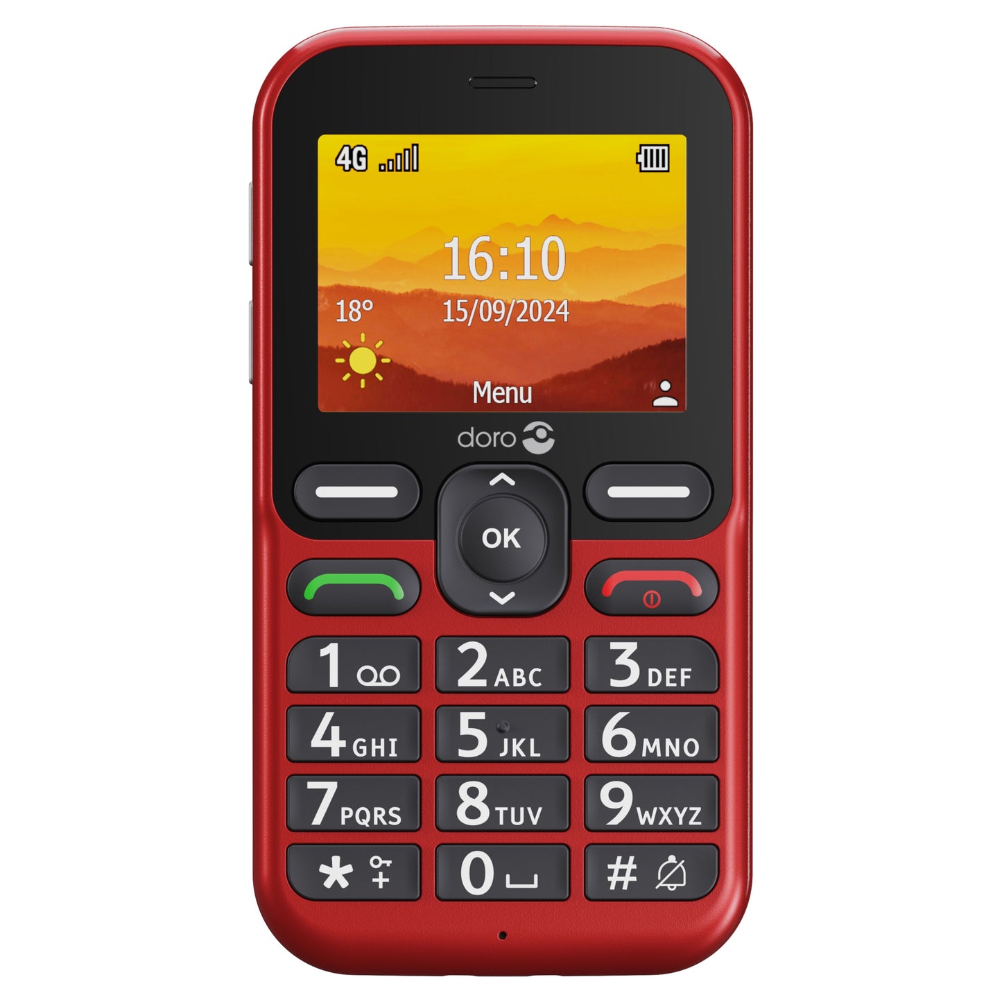 Doro Leva L11 mobiltelefon rød med lille skærm, store taster, navigationstaster og tryghedsknap.