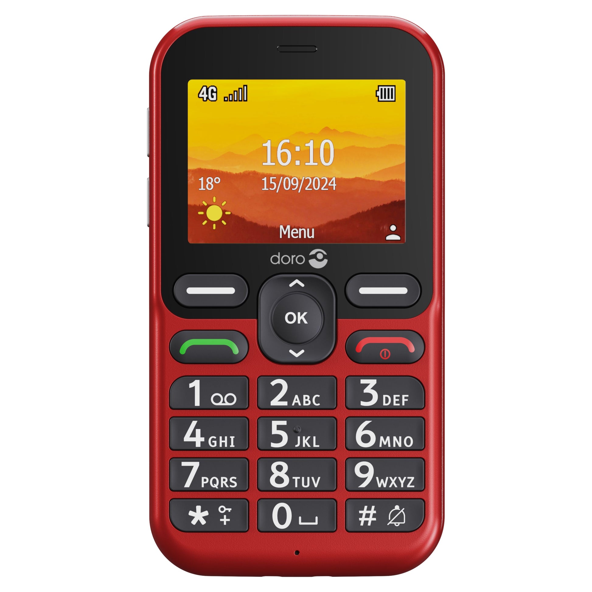 Doro Leva L11 mobiltelefon rød med lille skærm, store taster, navigationstaster og tryghedsknap.