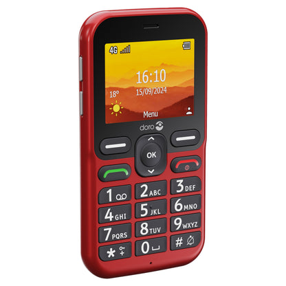 Doro Leva L11 mobiltelefon rød med kompakt farveskærm, store tydelige knapper med hvide tal og bogstaver.