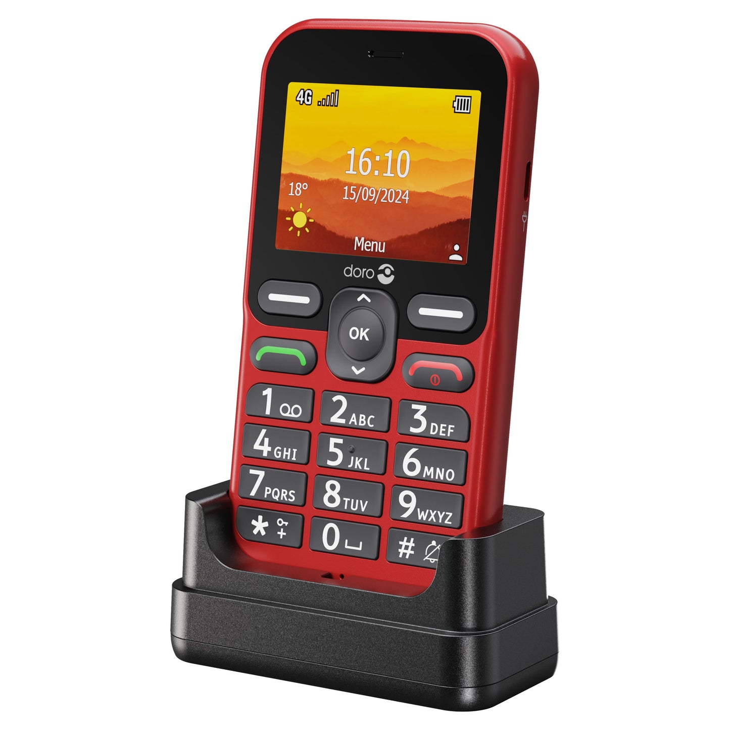 Doro Leva L11 mobiltelefon rød med store knapper, tryghedsknap, i sort oplader, orange skærm viser tid og batteriniveau.