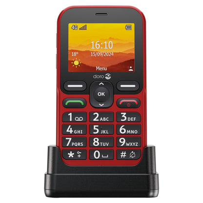 Doro Leva L11 mobiltelefon rød med farveskærm, store hvide taster, tryghedsknap og sort opladerstation.