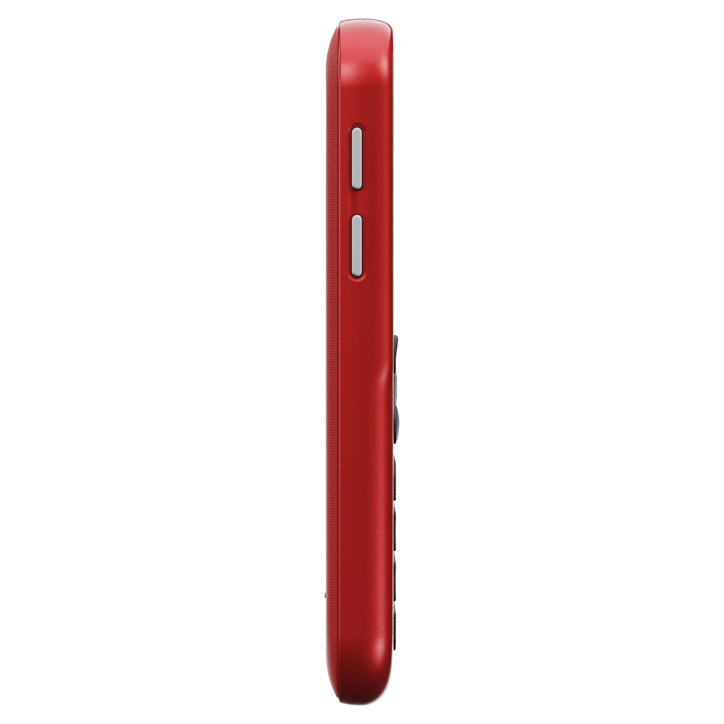 Doro Leva L11 mobiltelefon rød, side med to sølvfarvede knapper og sorte frontknapper, tryghedsknap synlig.