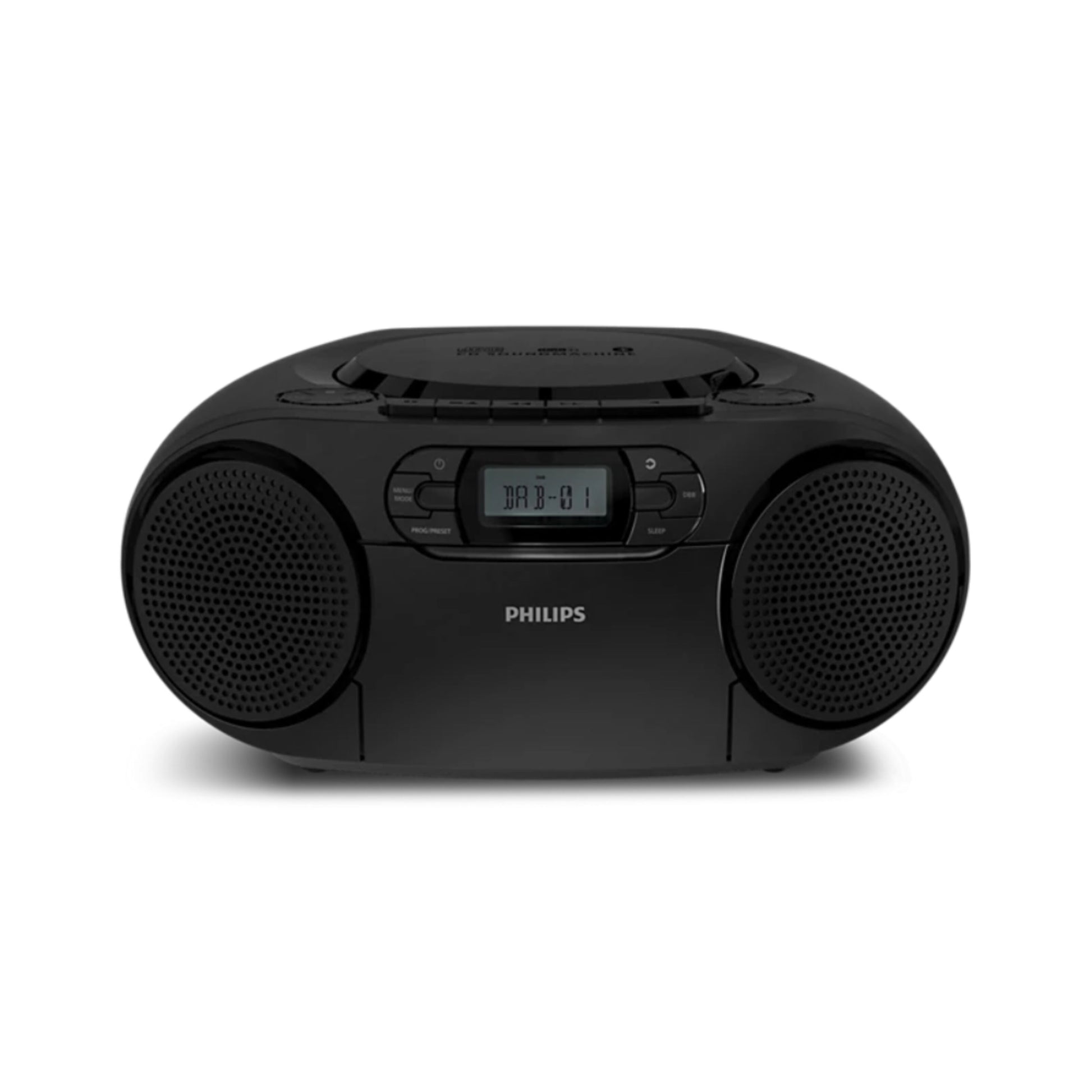 Philips CD Soundmachine med kassetteafspiller og DAB+ radio sort, to runde højttalere, digitalt display, frontknapper.