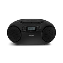 Philips CD Soundmachine med kassetteafspiller og DAB+ radio sort, to runde højttalere, digitalt display, frontknapper.