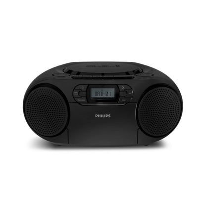 Philips CD Soundmachine med kassetteafspiller og DAB+ radio sort, to runde højttalere, digitalt display, frontknapper.