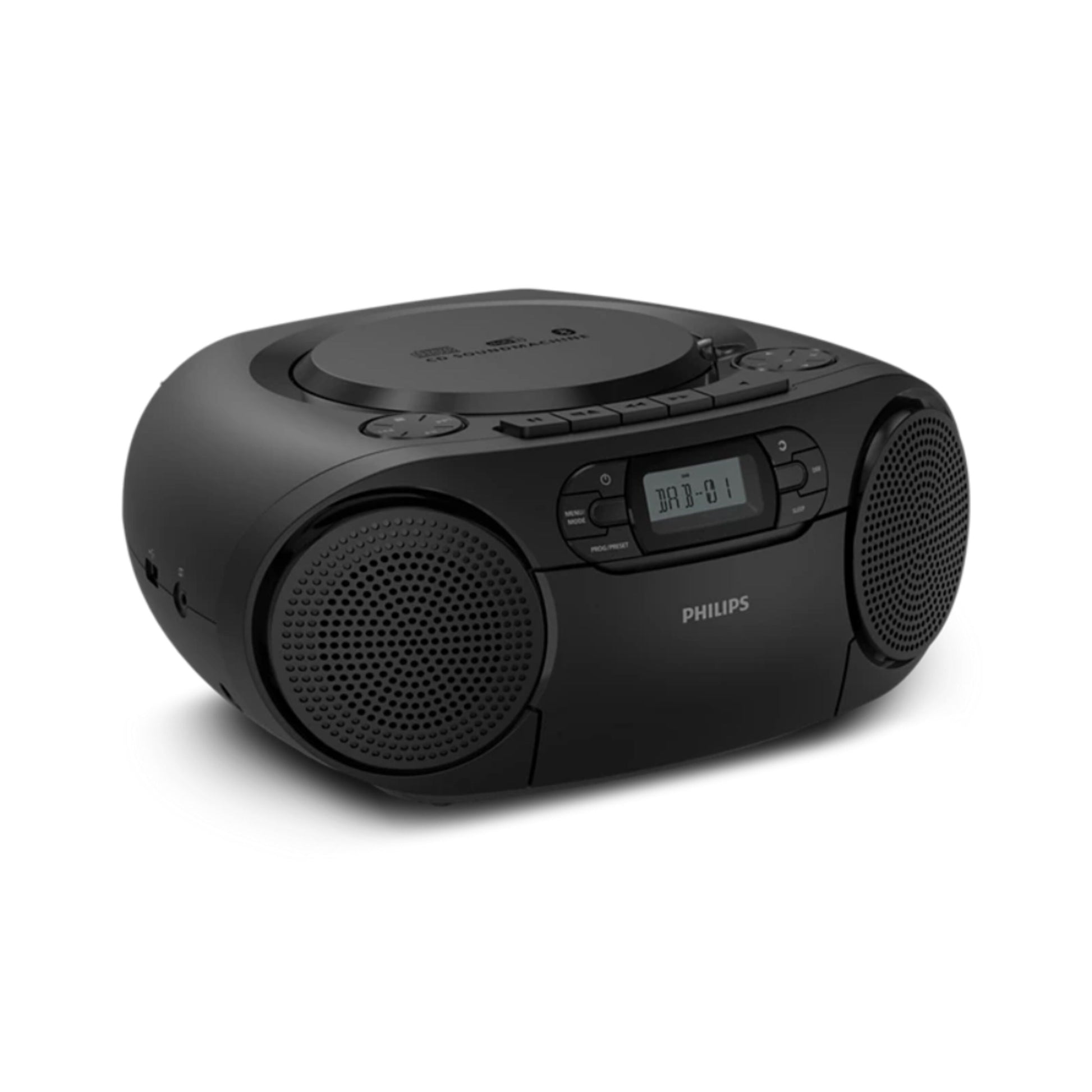 Philips CD Soundmachine sort boombox med kassetteafspiller, DAB+ radio, Bluetooth, front-højtalere og topbetjening.
