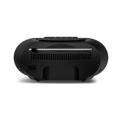 Philips CD Soundmachine kassetteafspiller DAB+-radio sort, set bagfra med udtrækkelig antenne, luftudtag, strømstik og fødder.