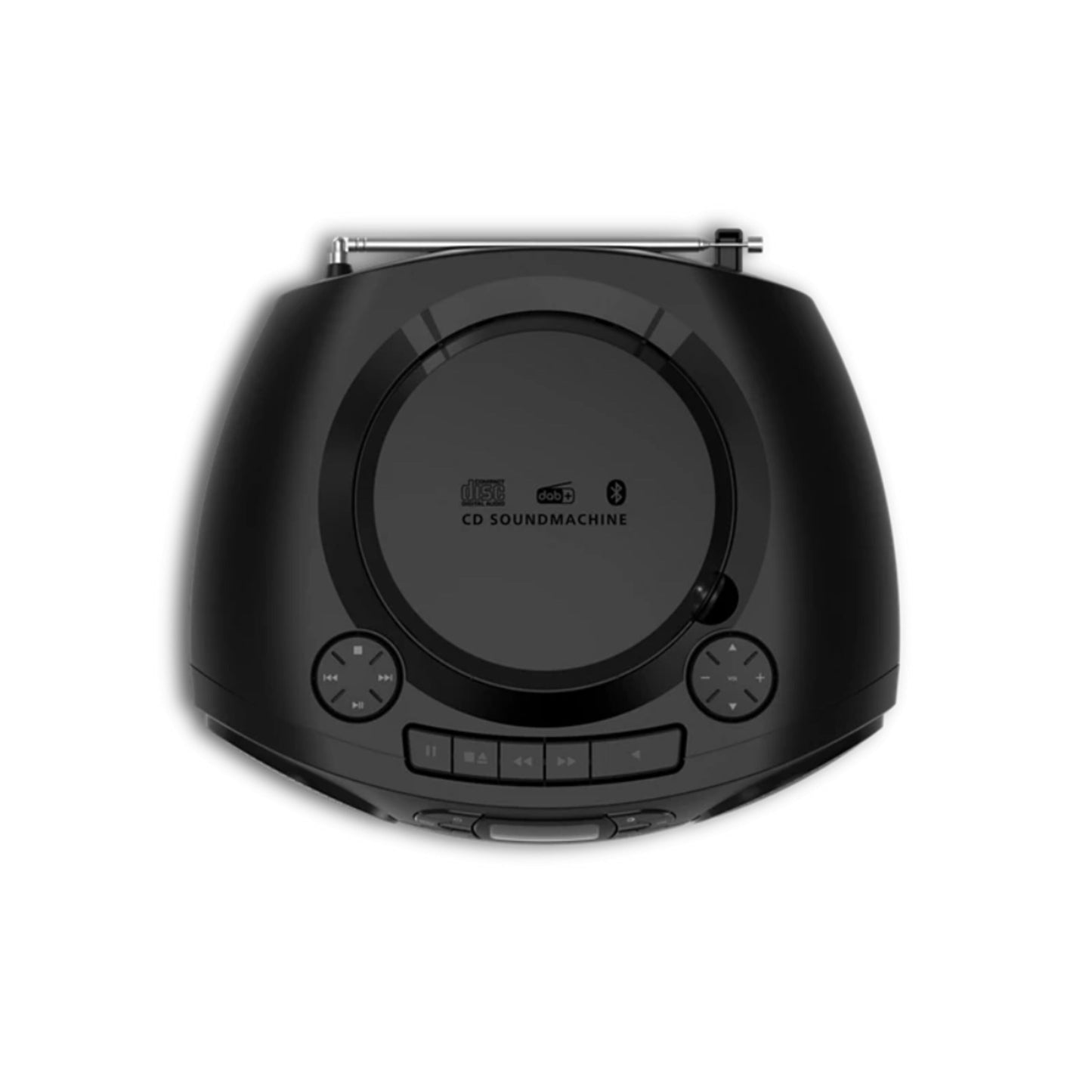 Philips sort CD Soundmachine med kassetteafspiller, DAB+ radio, kontrolknapper, topbetjent CD-rum og sølvhåndtag set oppefra.