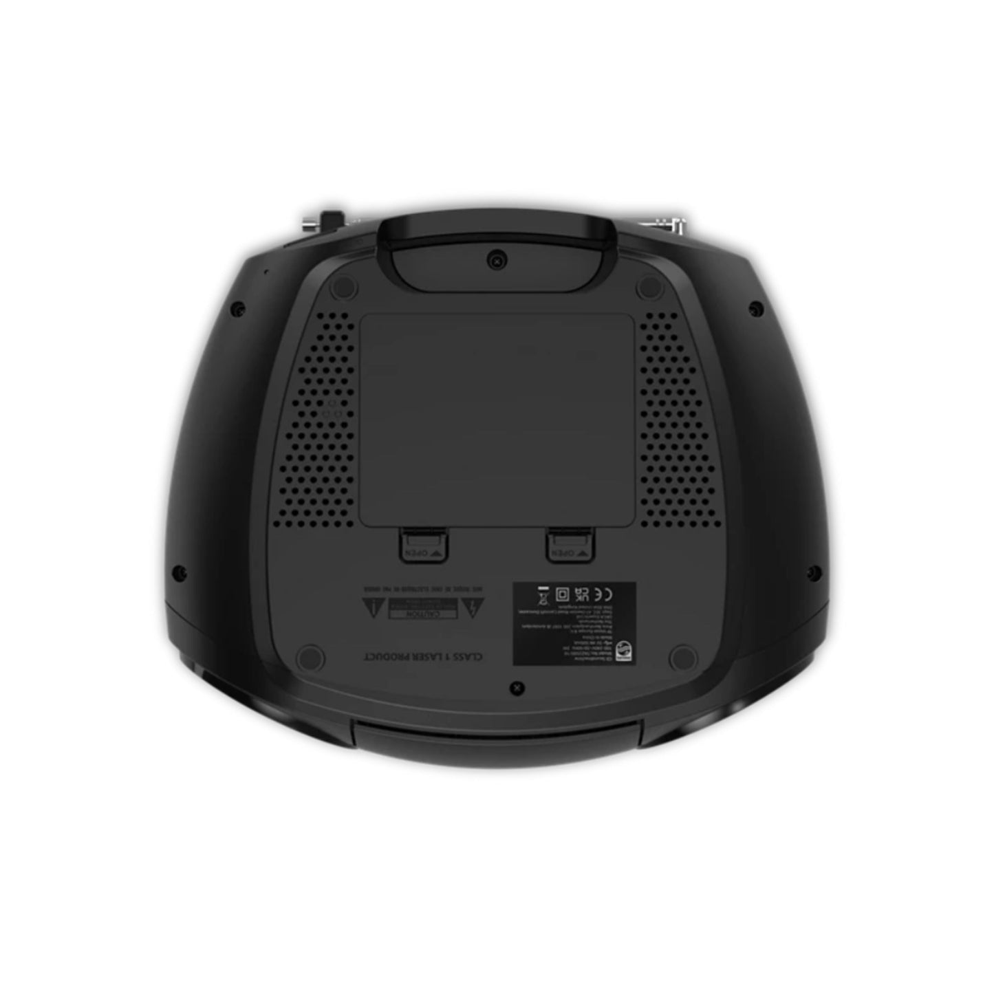 Philips CD Soundmachine sort med kassettebånd, DAB+ radio, batterirum, højttalergitre, skruer og produktlabels set fra bunden.
