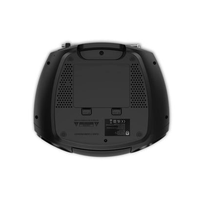 Philips CD Soundmachine sort med kassettebånd, DAB+ radio, batterirum, højttalergitre, skruer og produktlabels set fra bunden.