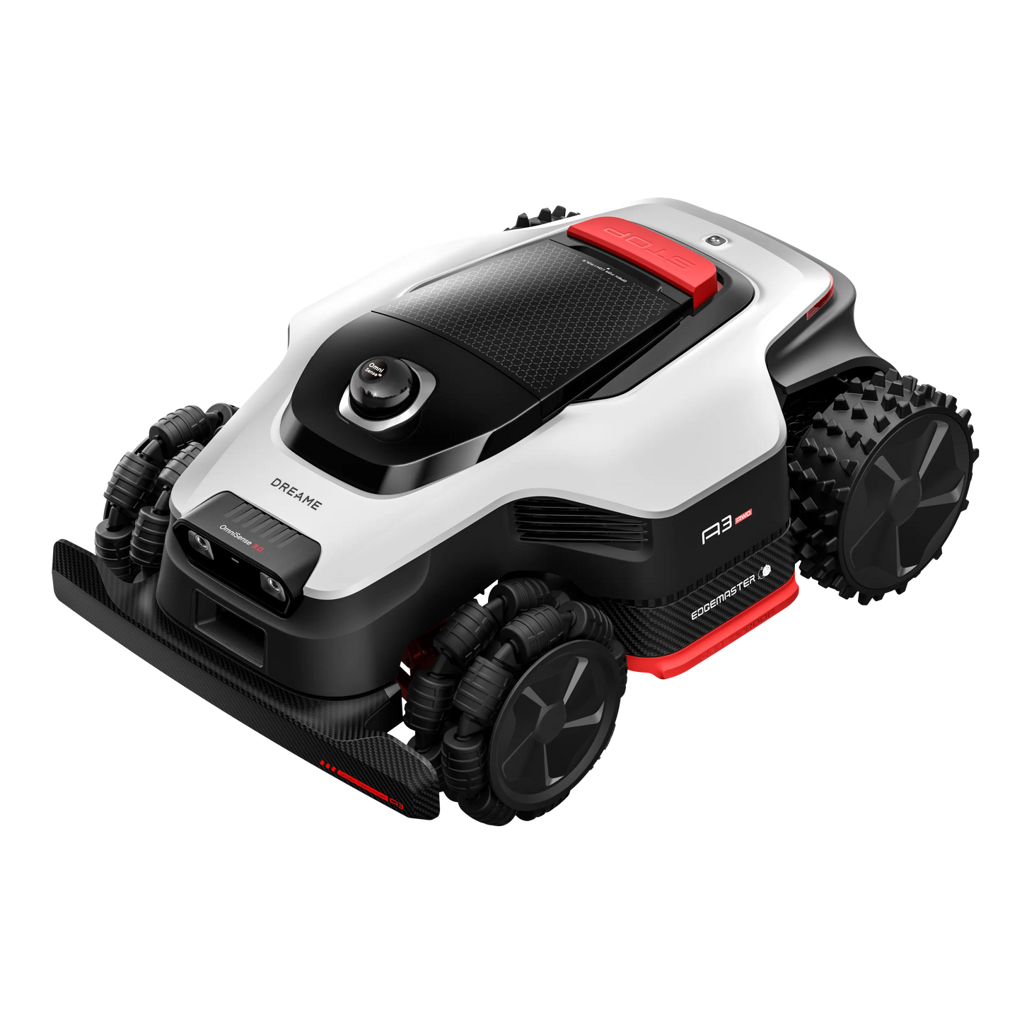 Dreame A3 AWD 1000 robotplæneklipper, 3D LiDAR-navigation, firehjulstræk, hvid/sort med røde detaljer, store hjul.