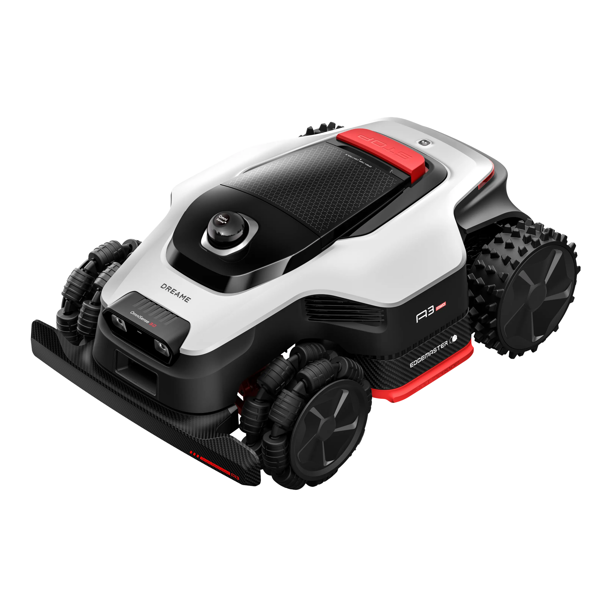 Dreame A3 AWD 1000 robotplæneklipper, 3D LiDAR-navigation, firehjulstræk, hvid/sort med røde detaljer, store hjul.