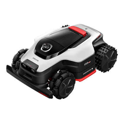 Dreame A3 AWD 1000 robotplæneklipper, 3D LiDAR-navigation, firehjulstræk, hvid/sort med røde detaljer, store hjul.