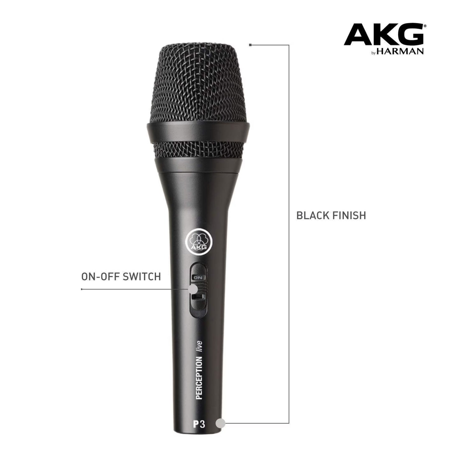 AKG Perception P3 S sort sangmikrofon med tænd/sluk-knap, kardioidmønster, AKG by Harman-logo øverst til højre.