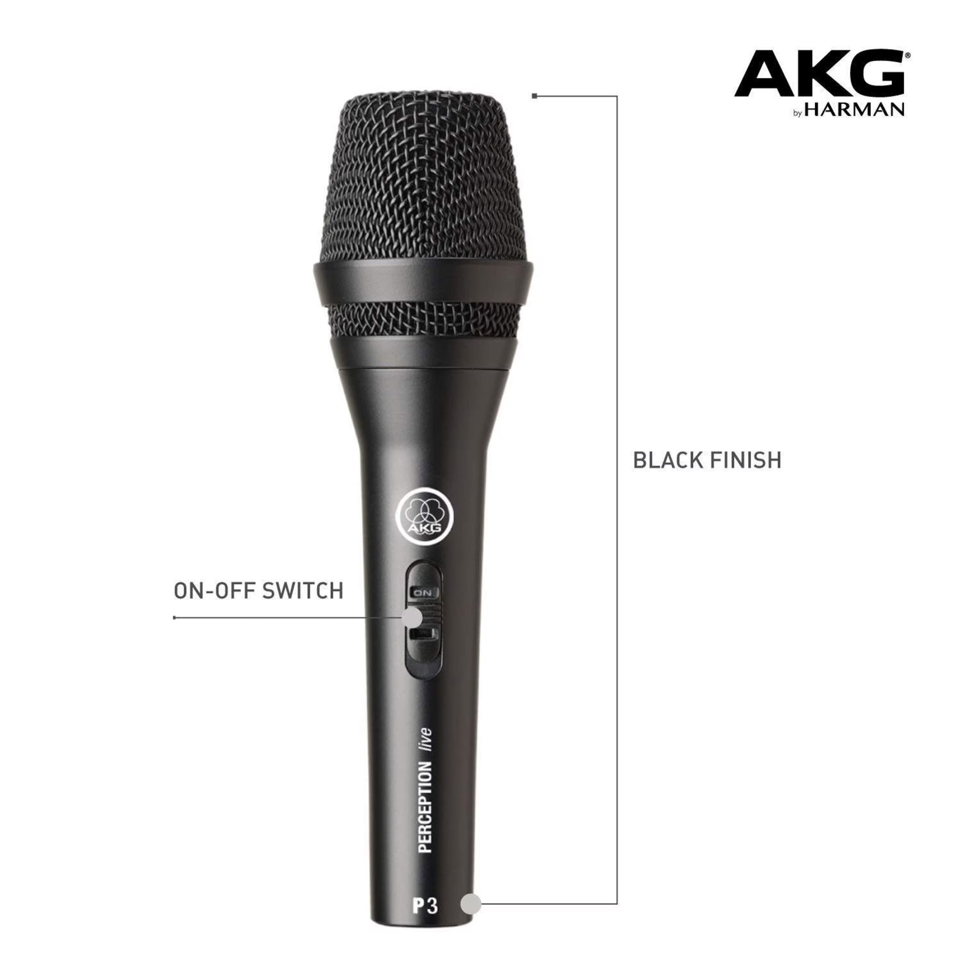 AKG Perception P3 S sort sangmikrofon med tænd/sluk-knap, kardioidmønster, AKG by Harman-logo øverst til højre.