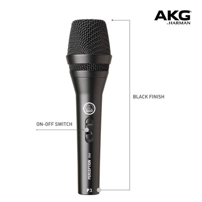 AKG Perception P3 S sort sangmikrofon med tænd/sluk-knap, kardioidmønster, AKG by Harman-logo øverst til højre.