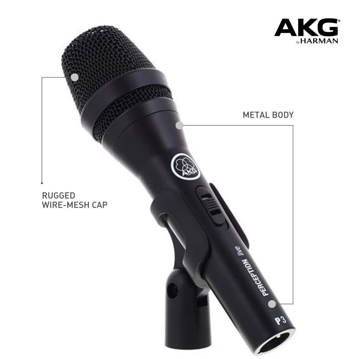 AKG Perception P3 S sangmikrofon med tænd/sluk-knap, metalhus, wire-mesh gitter og synligt AKG-logo på stativ.