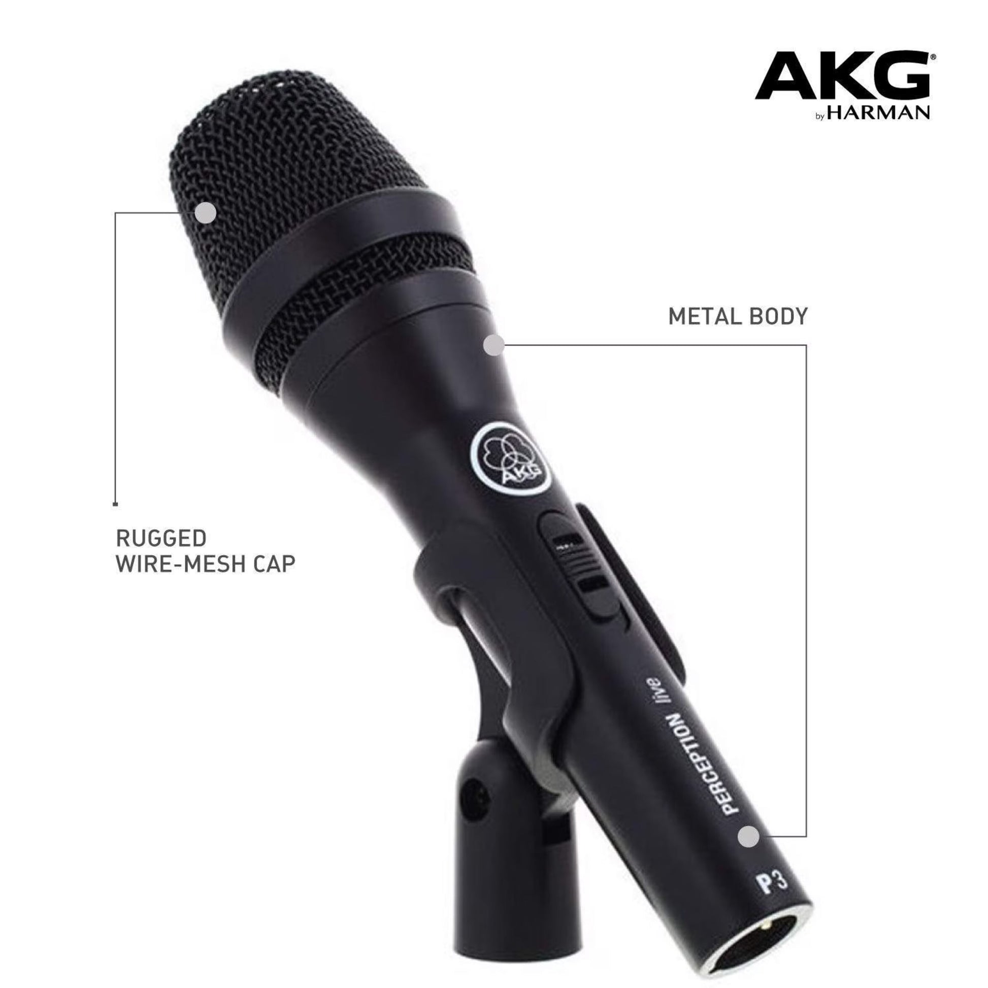 AKG Perception P3 S sangmikrofon med tænd/sluk-knap, metalhus, wire-mesh gitter og synligt AKG-logo på stativ.