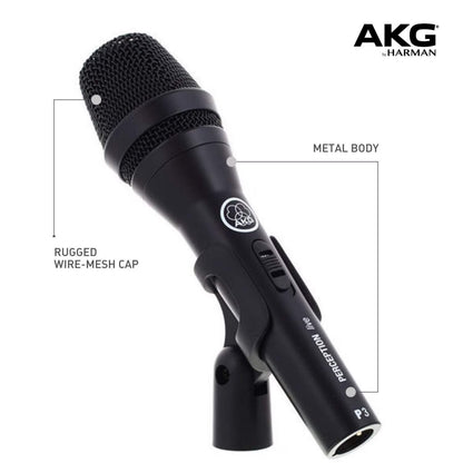 AKG Perception P3 S sangmikrofon med tænd/sluk-knap, metalhus, wire-mesh gitter og synligt AKG-logo på stativ.