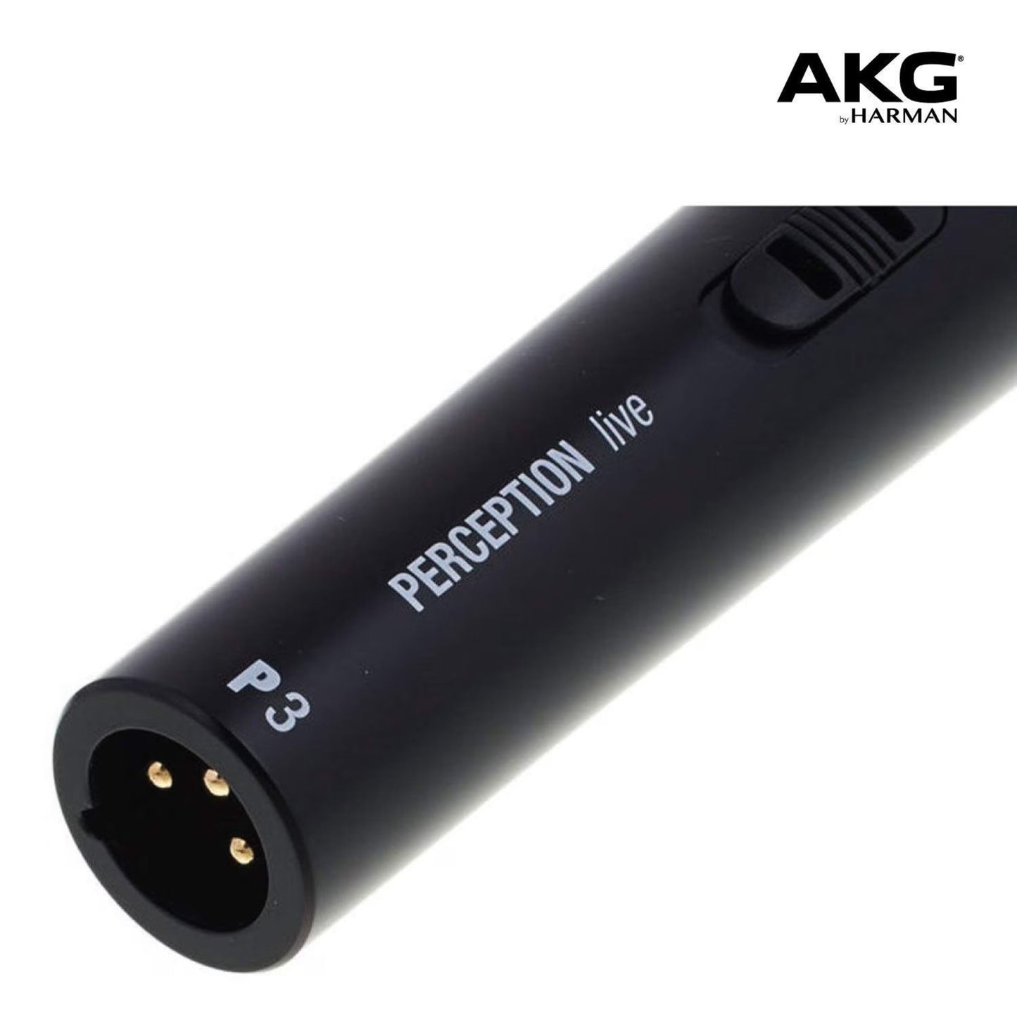 AKG Perception P3 S sangmikrofon sort med tænd/sluk-knap, XLR-stik og synlig kontakt, kardioidemønster.