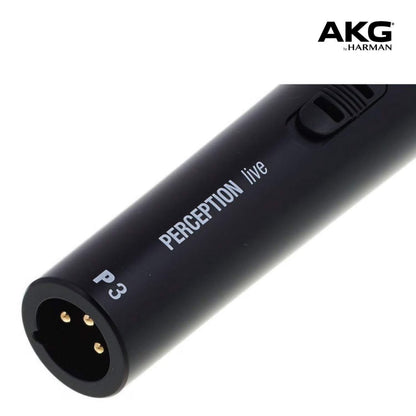 AKG Perception P3 S sangmikrofon sort med tænd/sluk-knap, XLR-stik og synlig kontakt, kardioidemønster.