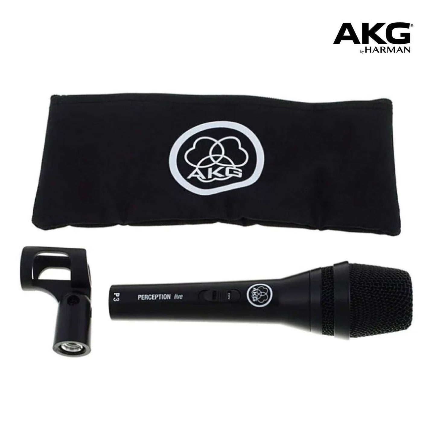 AKG Perception P3 S sort sangmikrofon med tænd/sluk-knap, clips og sort taske med AKG-logo, kardioide, AKG- og Harman-logo.