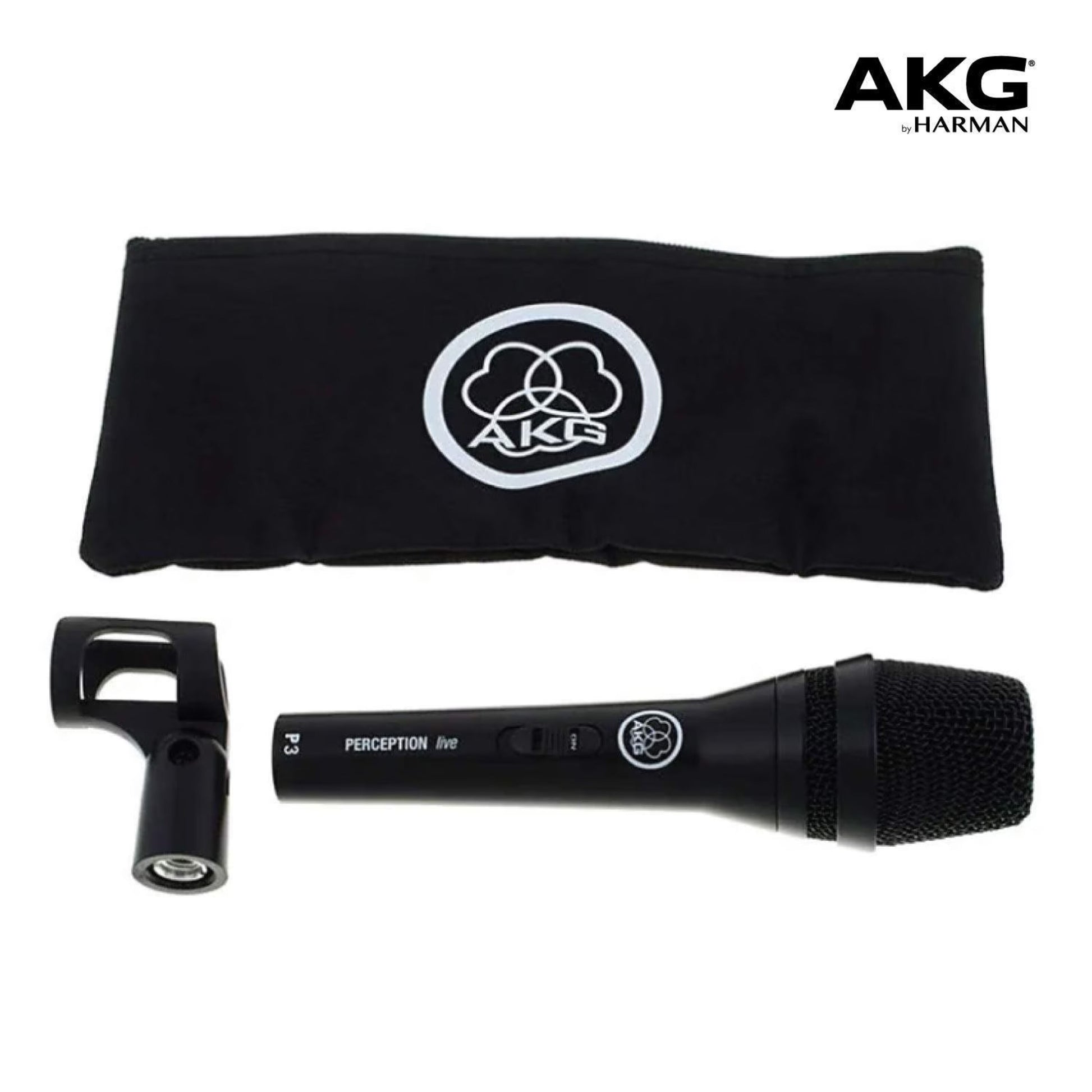 AKG Perception P3 S sort sangmikrofon med tænd/sluk-knap, clips og sort taske med AKG-logo, kardioide, AKG- og Harman-logo.