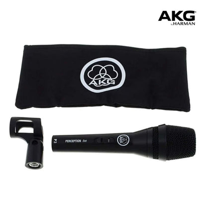 AKG Perception P3 S sort sangmikrofon med tænd/sluk-knap, clips og sort taske med AKG-logo, kardioide, AKG- og Harman-logo.