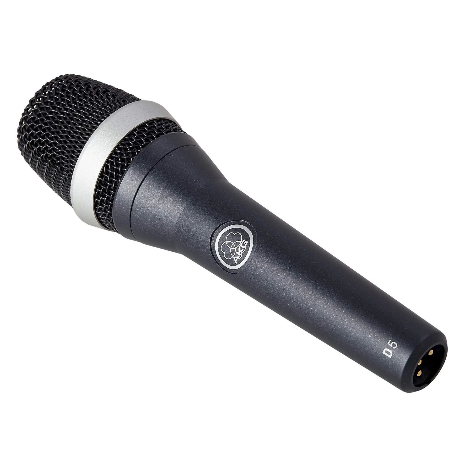 AKG D5 dynamisk sort håndmikrofon med metalgitter, sølvring, superkardioide mønster, modelnummer D5 ved basen.