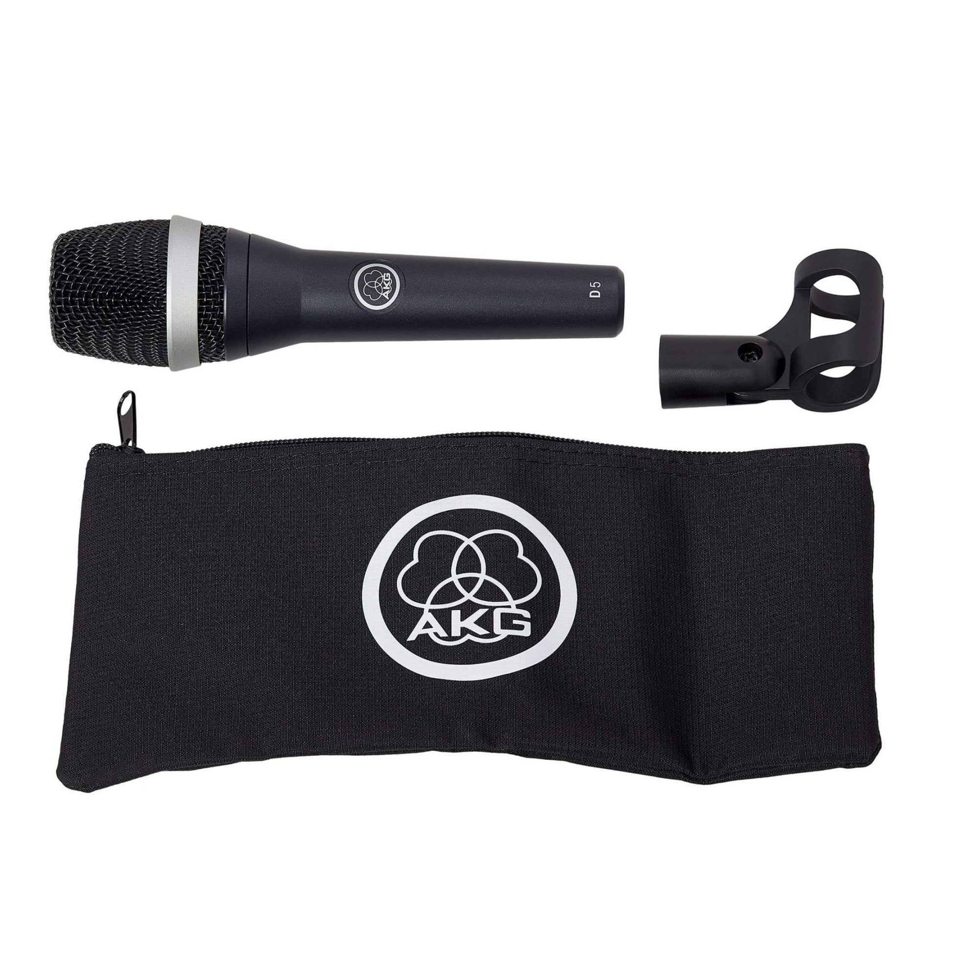 AKG D5 sort dynamisk sangmikrofon med superkardioid karakteristik, mikrofonklemme og sort taske med hvidt AKG-logo.