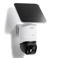 DREAME NAVO Elite 1 OutCam White 4K udendørskamera med sort solcellepanel og to objektiver, AI-bevægelsesdetektering.