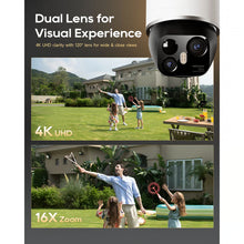 DREAME NAVO Elite 1 OutCam White 4K-udendørskamera med to linser, AI-bevægelsesdetektering og 16x zoom – i brug i baghaven.