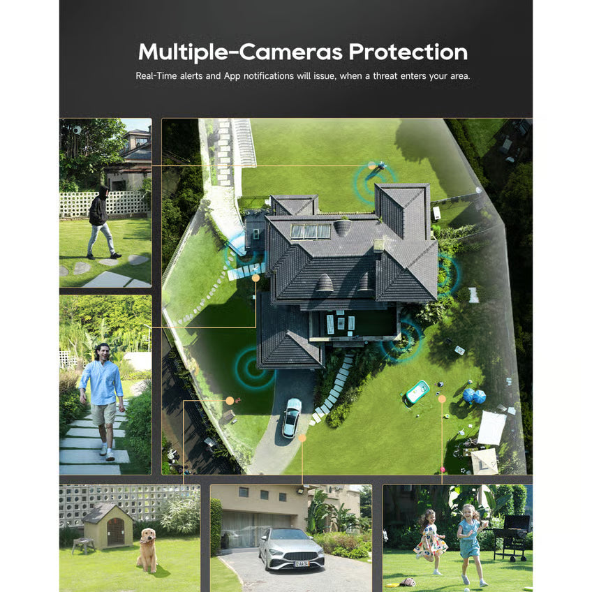 DREAME NAVO Elite 1 OutCam White 4K udendørskamera med AI-bevægelsesdetektering, der viser personer, hunde og biler rundt om huset.