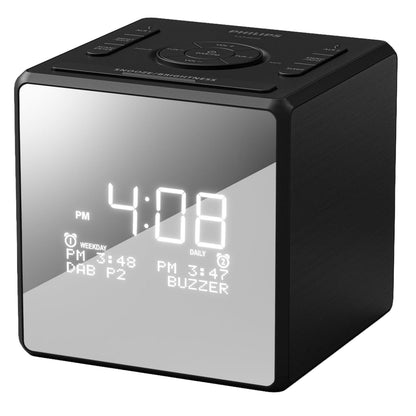 Philips R4600 sølv kubisk DAB+ vækkeur, spejl-front med urdisplay 4:08 PM, USB-C opladning, knapper på top, alarm/radio.
