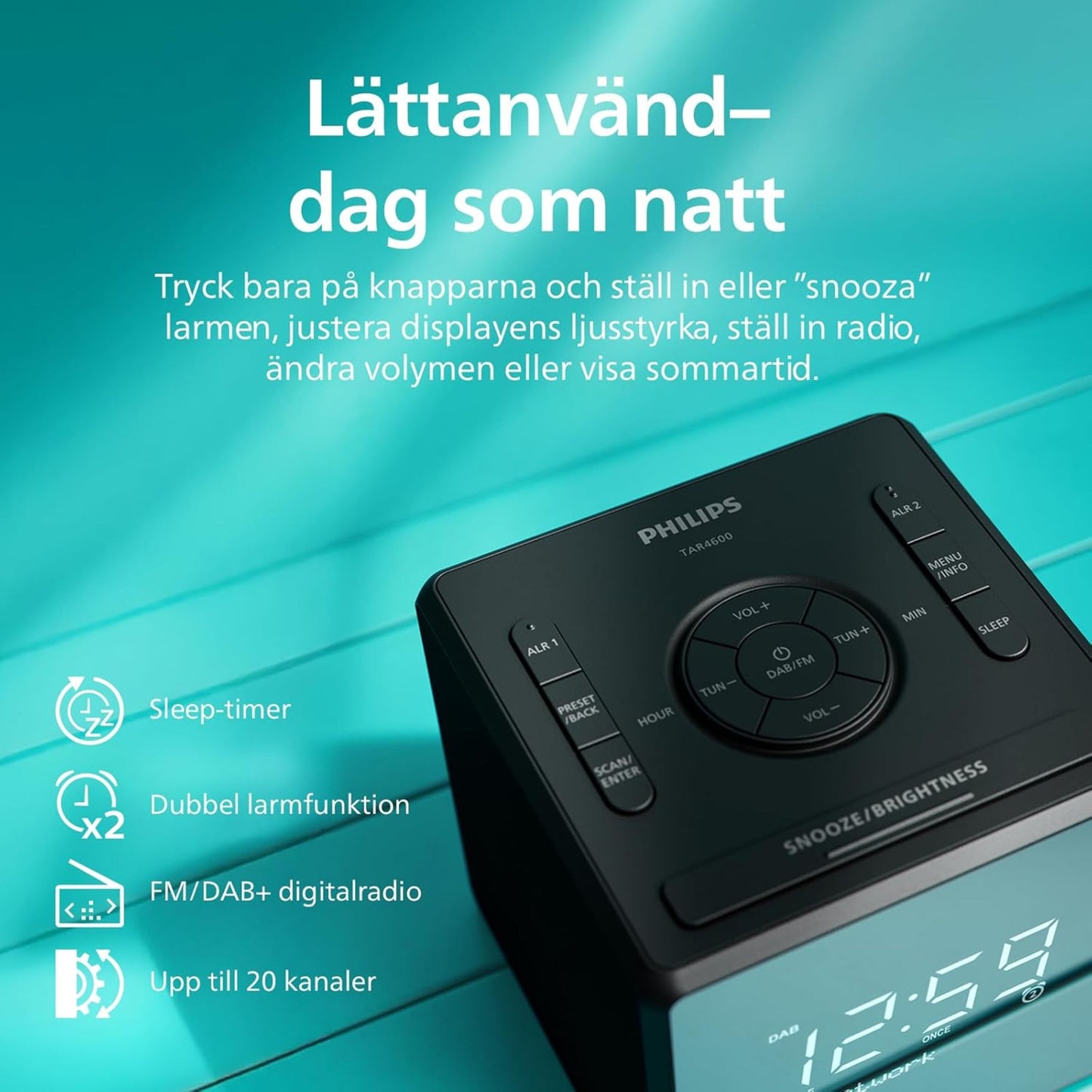 Philips R4600 sølv DAB+ vækkeur med USB-C opladning, LED-display, knapper med labels, info om sleep-timer og dobbelt alarm.