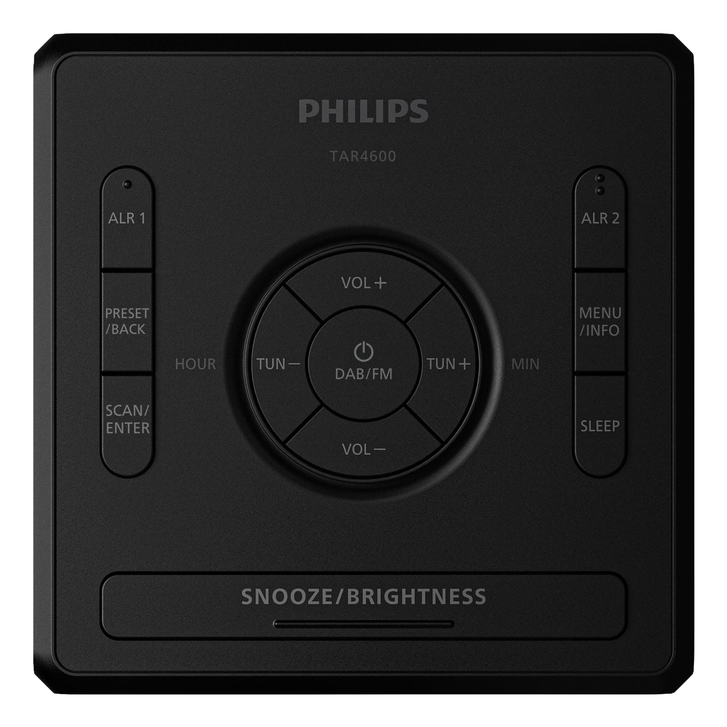 Philips R4600 DAB+ vækkeur i sølv, USB-C-opladning, knapper til alarm, volumen, tuning, forudindstillinger og stor snooze-bar.