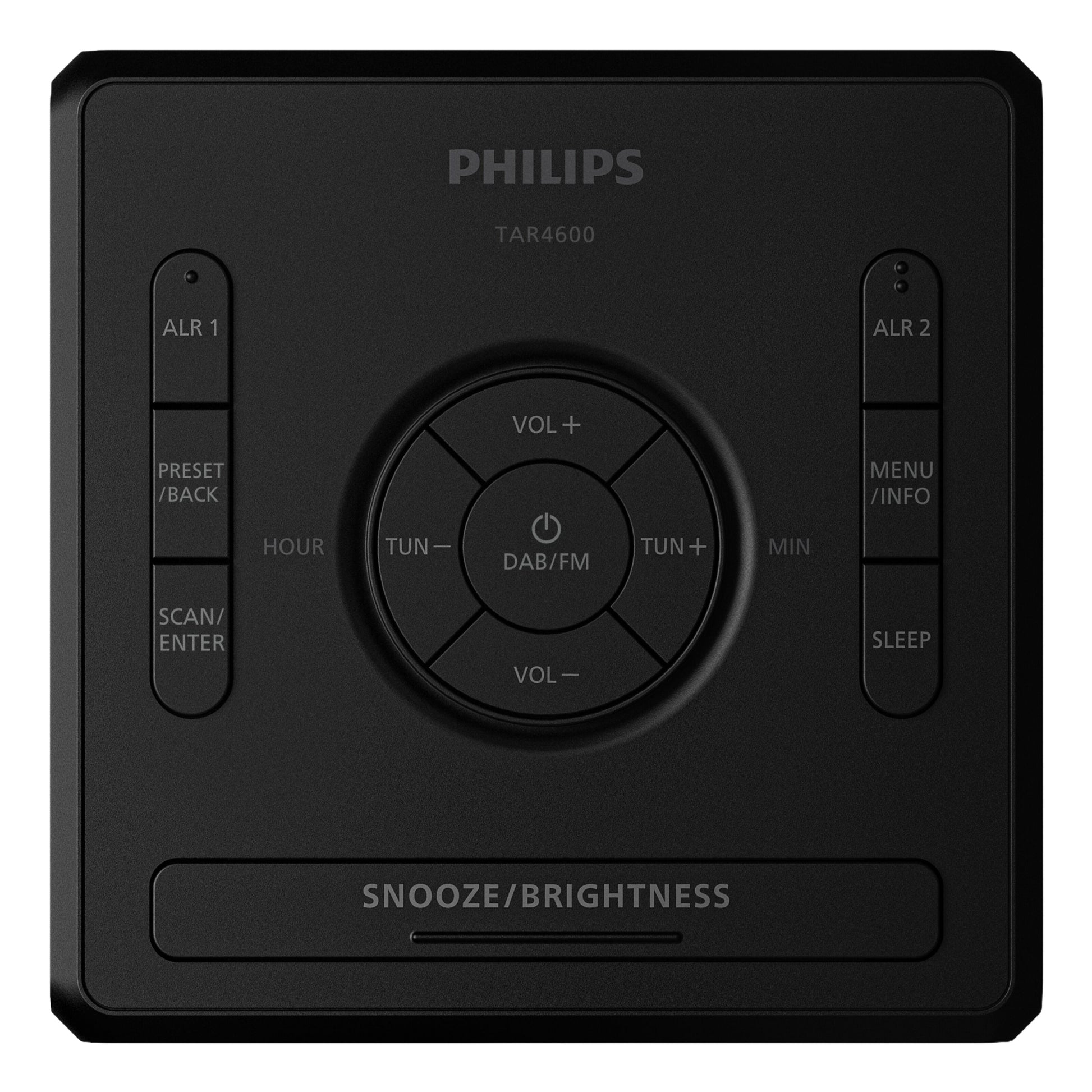 Philips R4600 DAB+ vækkeur i sølv, USB-C-opladning, knapper til alarm, volumen, tuning, forudindstillinger og stor snooze-bar.