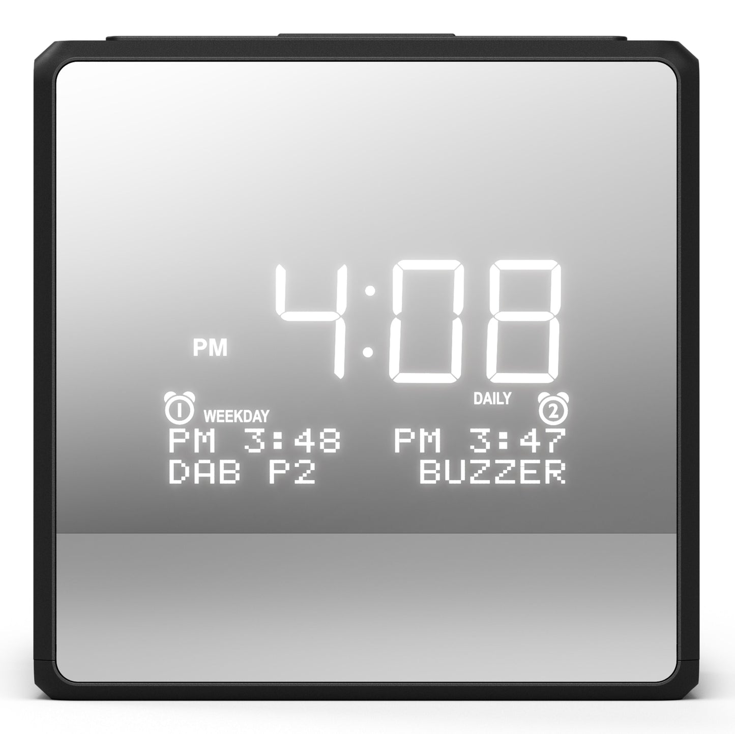 Philips R4600 DAB+ vækkeur med USB-C, spejldisplay viser tid 16:08 og til alarmer 15:48 (DAB P2), 15:47.