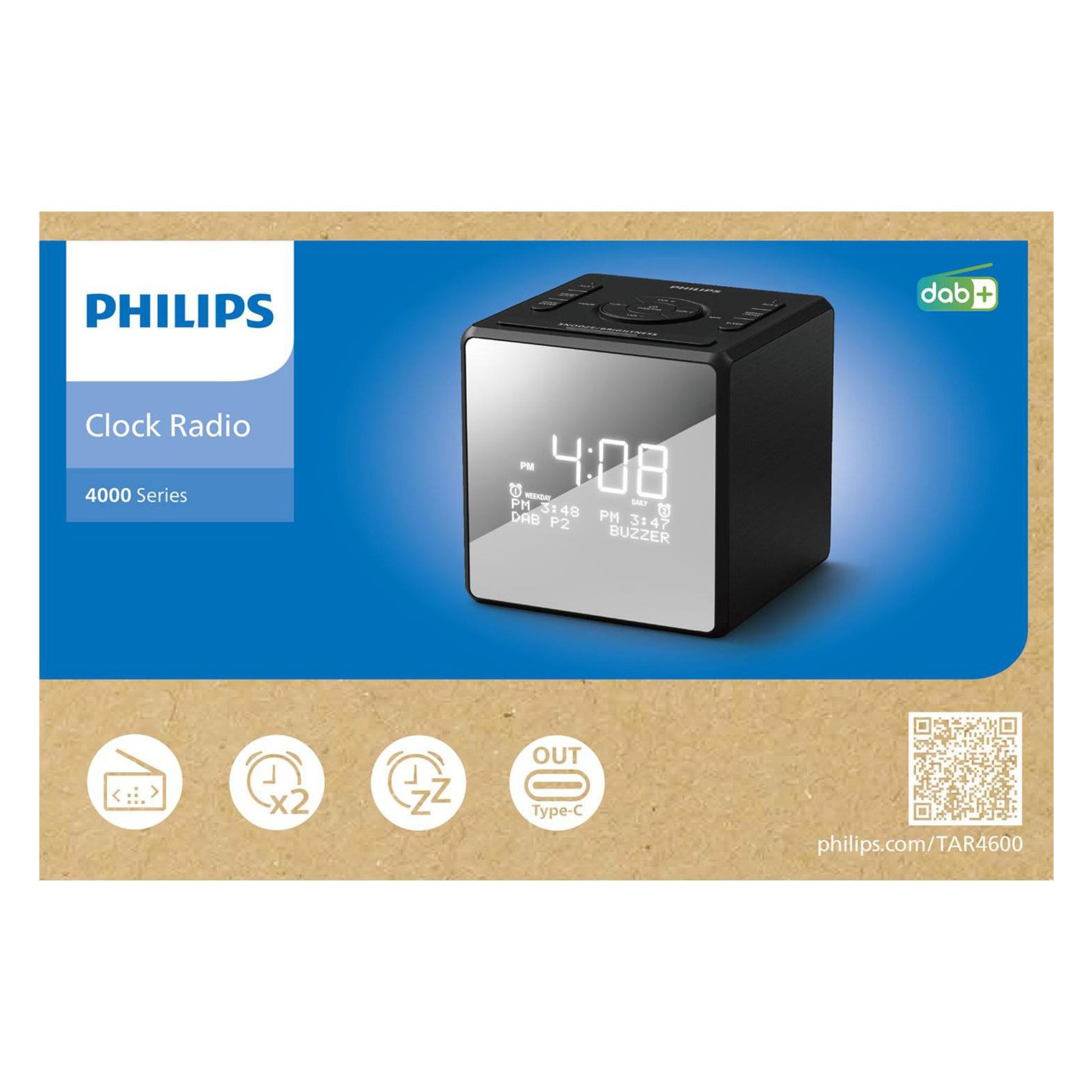 Philips R4600 DAB+ vækkeur, sølv, kubeformet med digitalt display, USB-C opladning, ikoner og QR-kode på æsken.