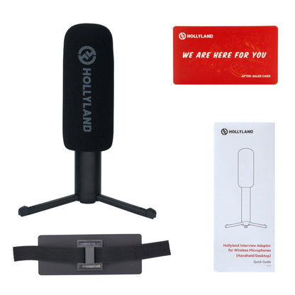 Hollyland Interview Adapter kit til trådløse mikrofoner med sort reporter mikrofon på stativ, manual, kort og rem.