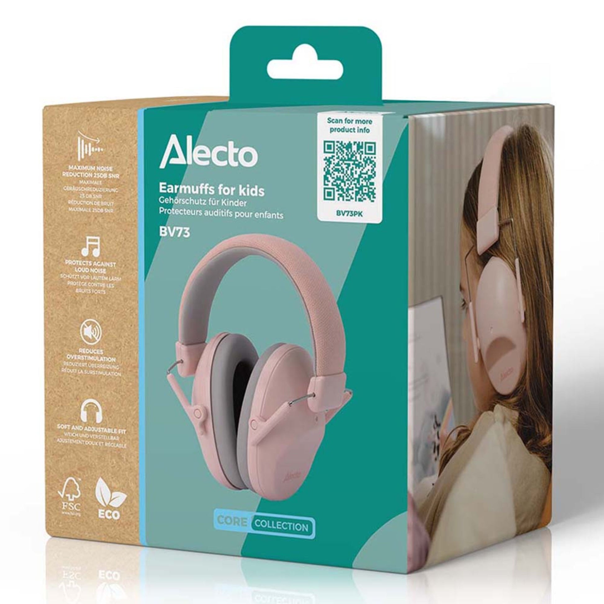 Alecto BV73PK høreværn til børn rosa i æske med vindue, synlige pink øreklapper og billede af barn med høreværn.
