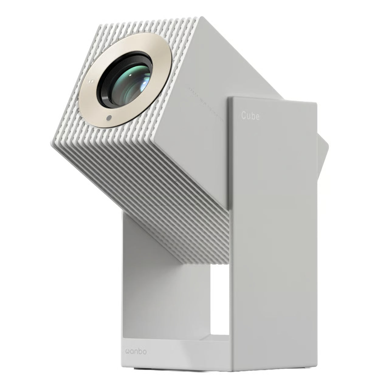 WANBO Cube 2 Pro smartprojektor, gråt kubedesign, riflet overflade, stor linse, »Cube«-logo på siden, Full HD Android TV 11.