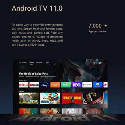 Wanbo Cube 2 Pro smartprojektor med Full HD og Android TV 11, der viser Netflix, Prime Video, Disney+, Hulu og over 7.000 apps på skærmen.