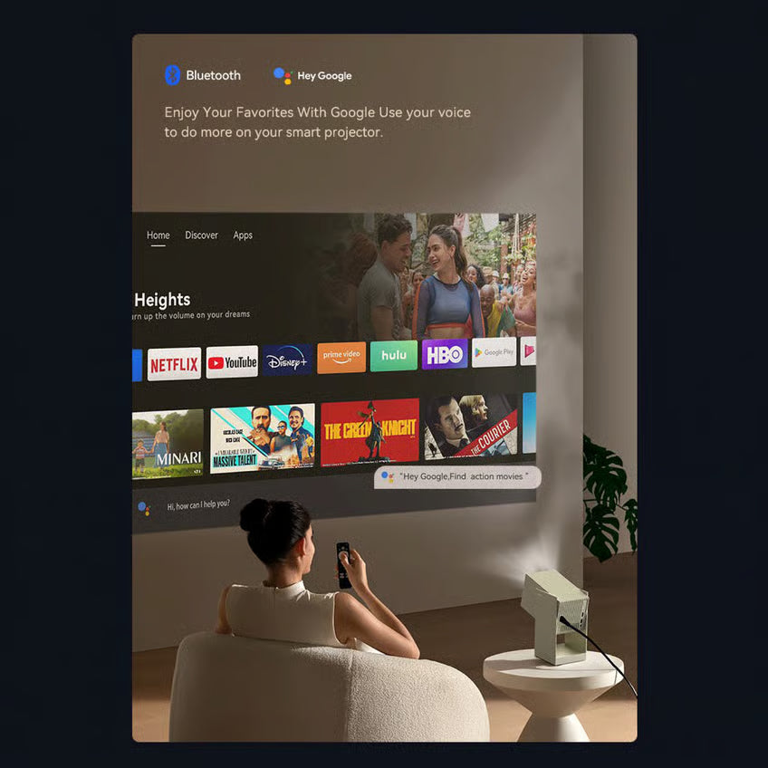 WANBO Cube 2 Pro smartprojektor, Full HD, Android TV 11, streamer Netflix, Hulu, HBO og YouTube på en stor vægskærm.