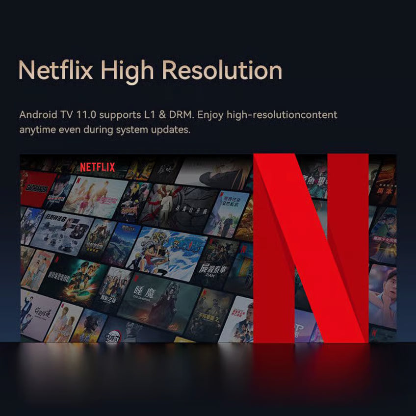 Wanbo Cube 2 Pro smartprojektor, Full HD, Android TV 11, viser Netflix-brugergrænsefladen med et rødt N-logo på skærmen.